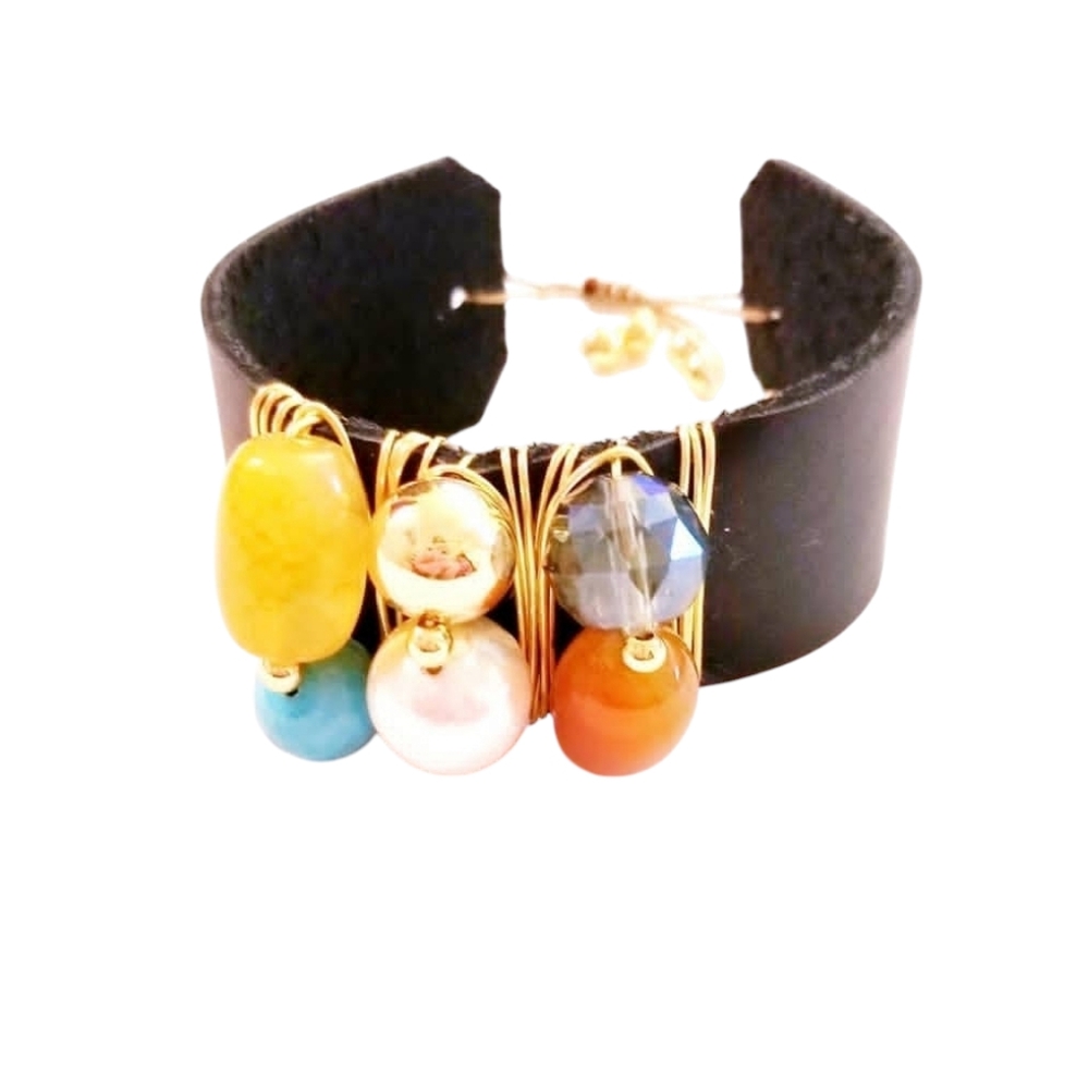 Leather and Agate Stones Cuff Bracelet - New